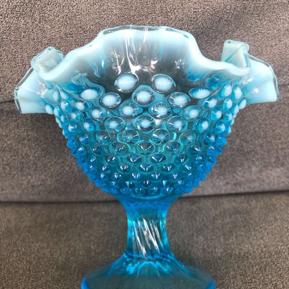 Vintage Fenton Opalescent Blue Glass Hobnail Vase